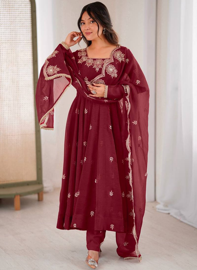 Maroon Faux Georgette Embroidered Anarkali Suit Festive Wear