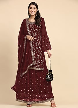 Maroon Faux Georgette Embroidered Palazzo suit