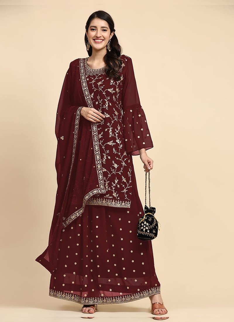 Maroon Faux Georgette Embroidered Palazzo suit Party Wear