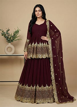 Maroon Faux Georgette Embroidered Sequins A Line Lehenga
