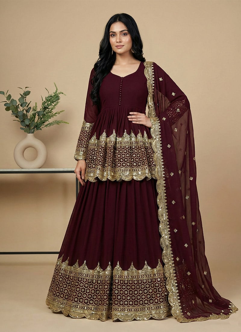 Maroon Faux Georgette Embroidered Sequins A Line Lehenga Wedding Wear