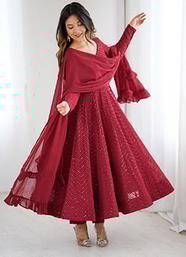 Maroon Faux Georgette Embroidered Sequins Anarkali Suit