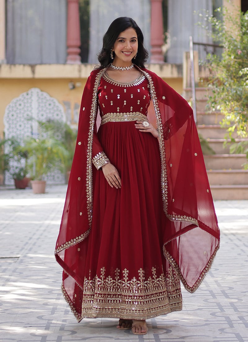 Maroon Faux Georgette Embroidered Sequins Anarkali Suit Festive Wear