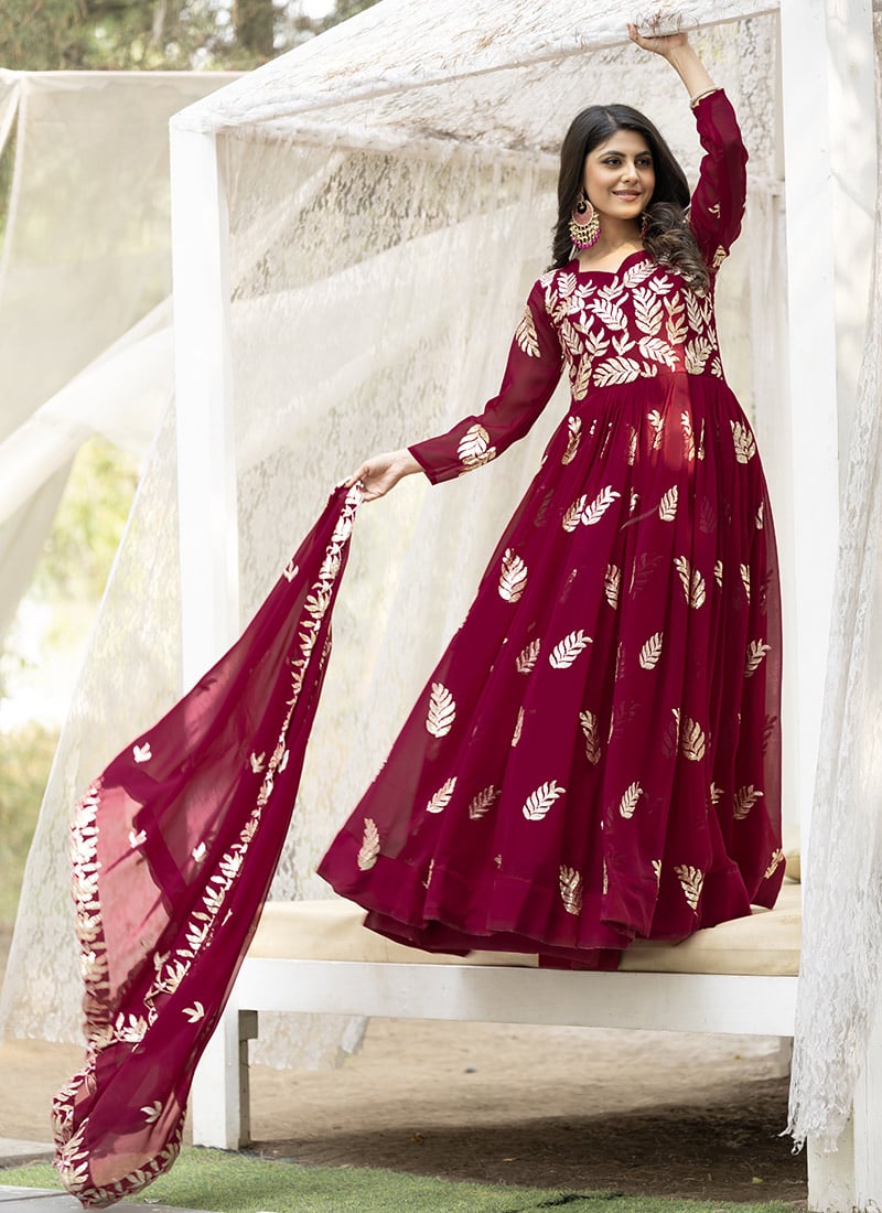 Maroon Faux Georgette Embroidered Sequins Anarkali Suit
