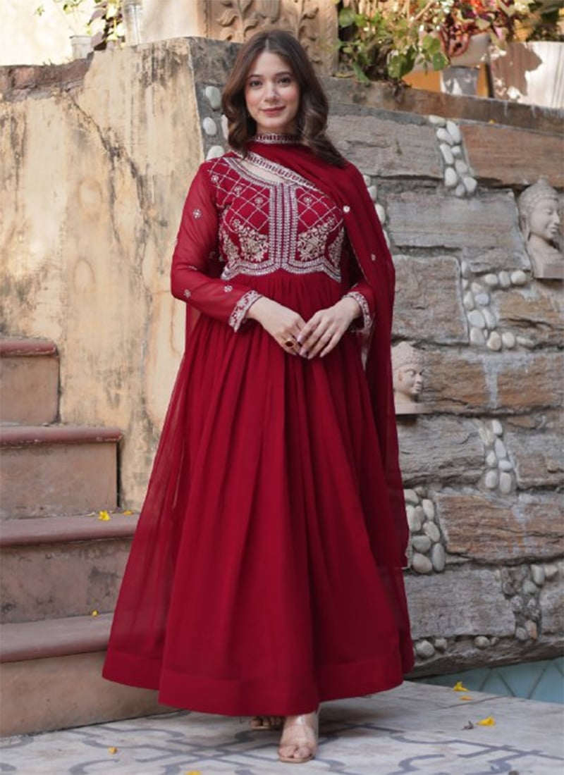 Maroon Faux Georgette Embroidered Sequins Anarkali Suit Festive Wear