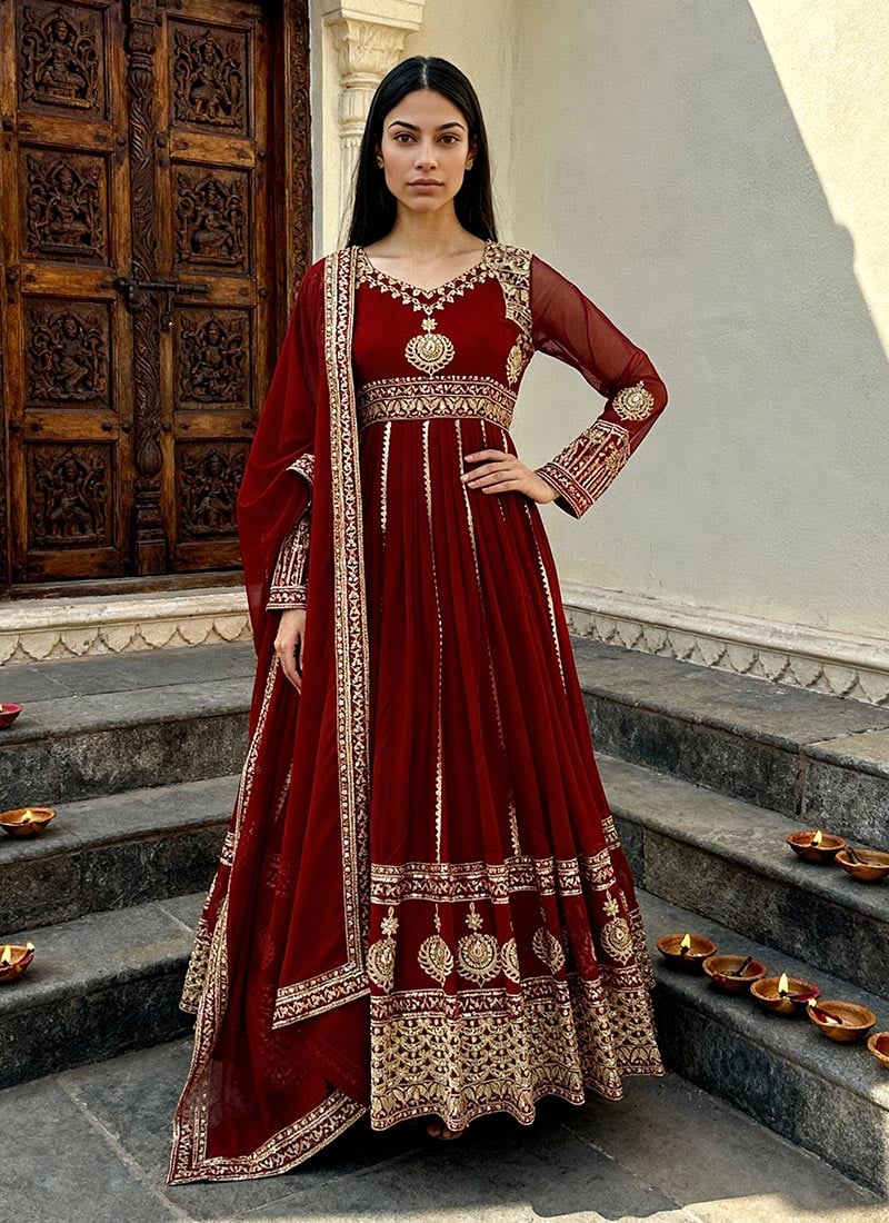 Maroon Faux Georgette Embroidered Sequins Anarkali Suit Festive Wear