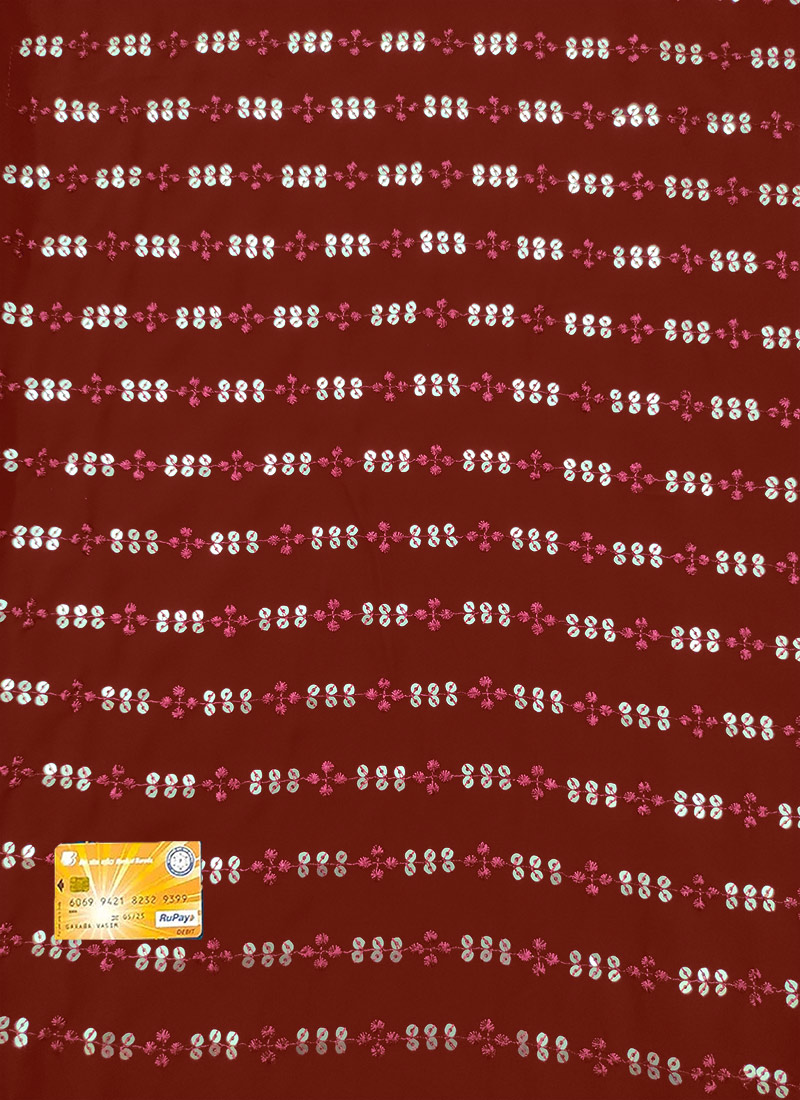 Maroon Faux Georgette Embroidered Sequins Fabric