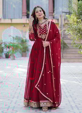 Maroon Faux Georgette Embroidered Sequins Gorgeous Anarkali Suit