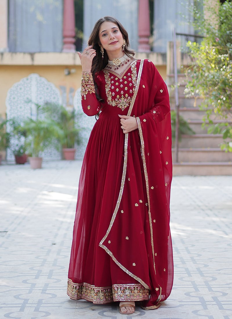 Maroon Faux Georgette Embroidered Sequins Gorgeous Anarkali Suit
