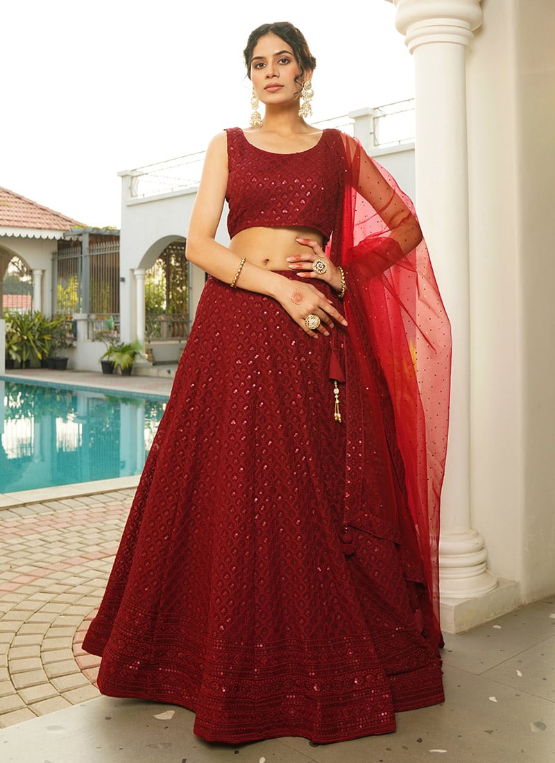 Maroon Faux Georgette Embroidered Sequins Lehenga For Elegant Wedding Wear
