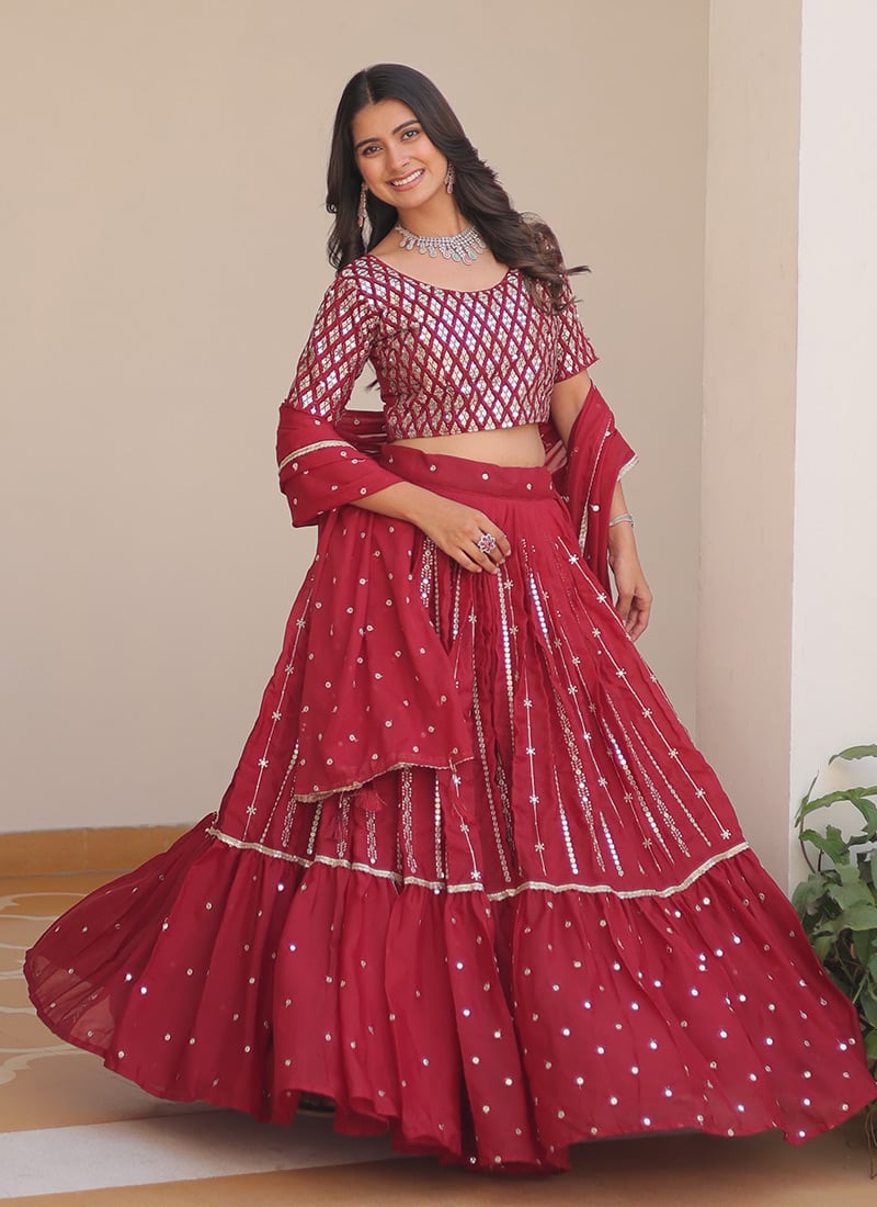 Maroon Faux Georgette Embroidered Sequins Lehenga