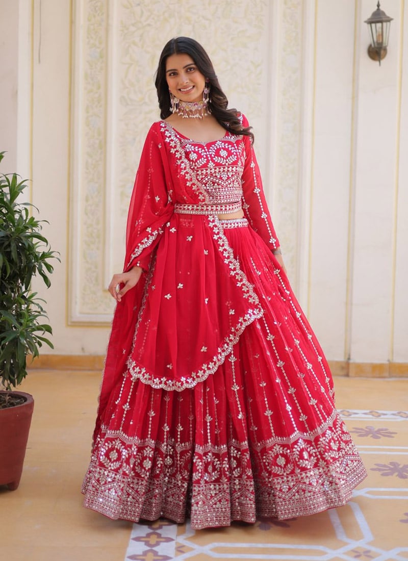 Maroon Faux Georgette Embroidered Sequins Lehenga