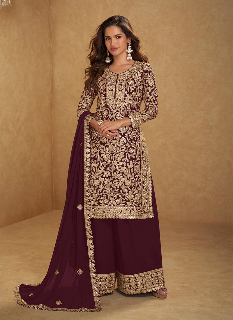 Maroon Faux Georgette Embroidered Sequins Palazzo Suit Festive Wear