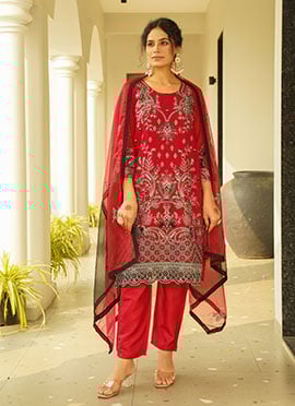 Maroon Faux Georgette Embroidered Sequins Straight Pant Suit