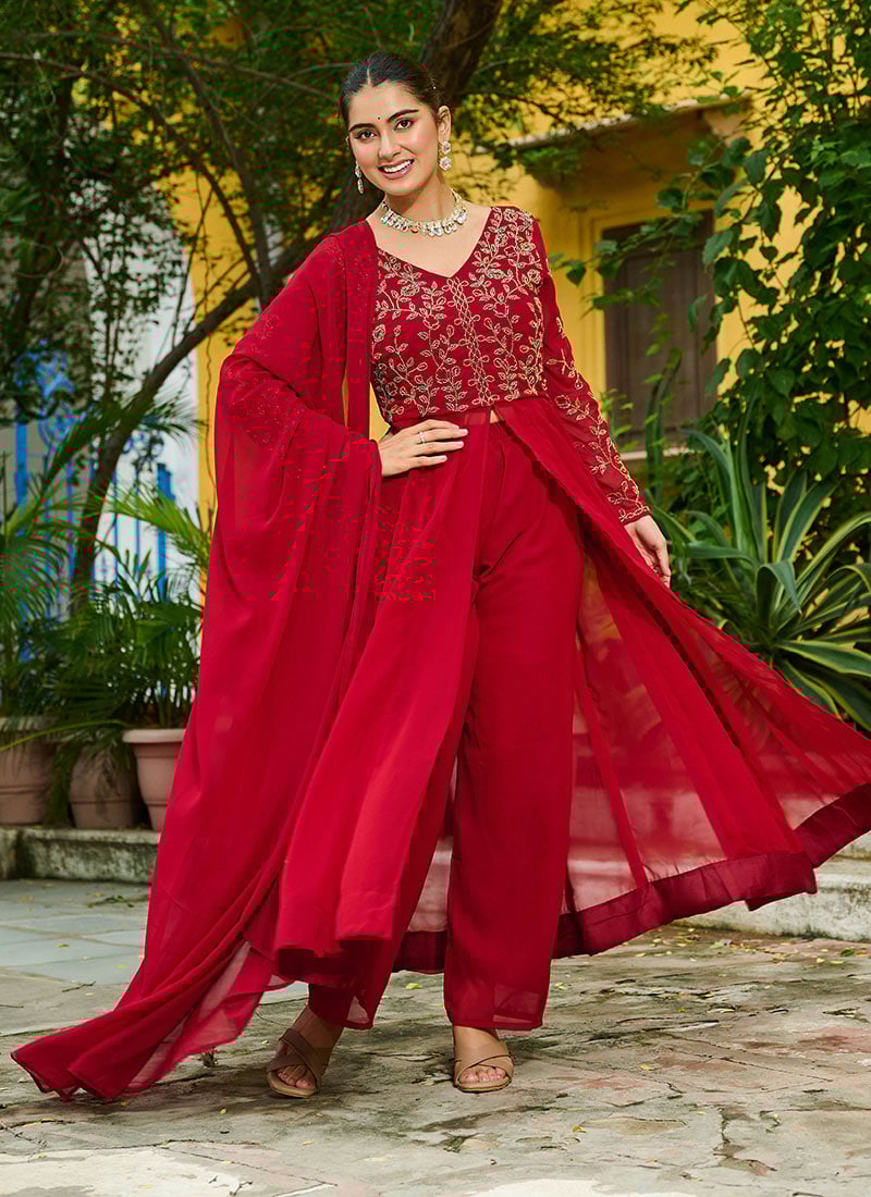 Maroon Faux Georgette Embroidered With Beads Work High Slit Straight Pant Suit Festive Wear