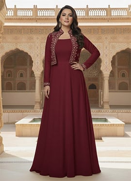 Maroon Faux Georgette Foil Print Zari Mirror Work Anarkali Gown