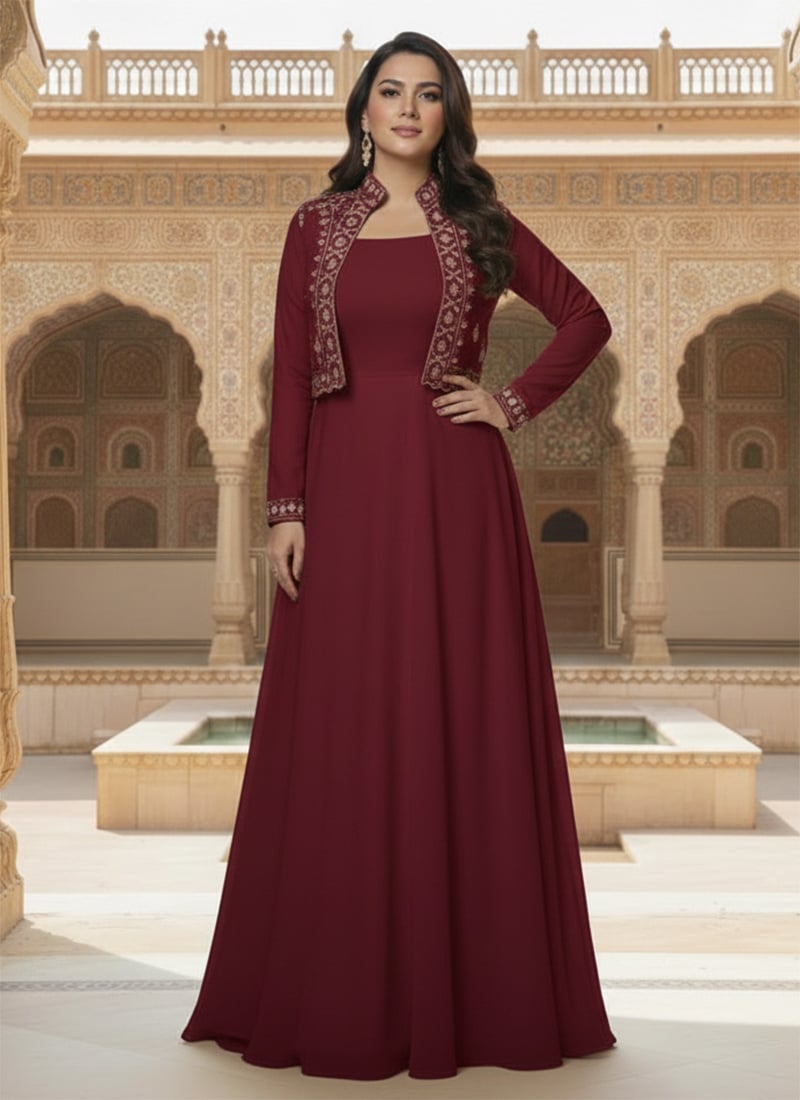 Maroon Faux Georgette Foil Print Zari Mirror Work Anarkali Gown After Six Wear