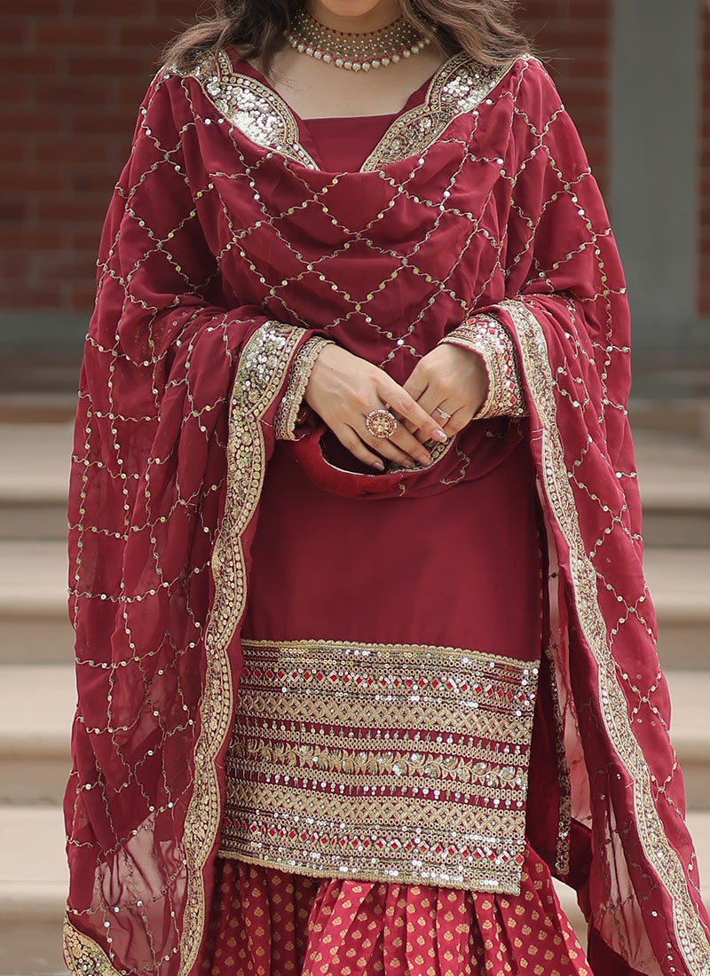 Maroon Sharara style Salwar Suit Faux Georgette main image 1