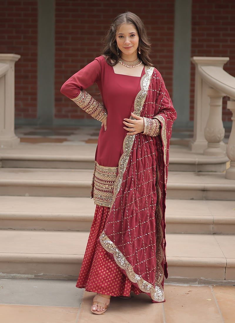 Maroon Faux Georgette Gota Sharara Suit