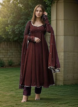 Maroon Faux Georgette Hand Embroidered Beads Work Anarkali Suit