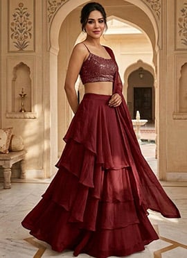 Maroon Faux Georgette Hand Embroidered Lehenga