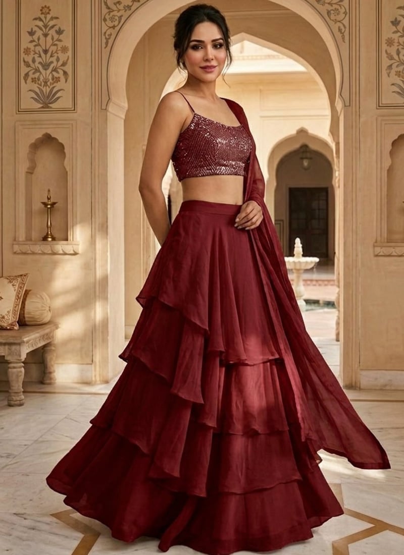 Maroon Faux Georgette Hand Embroidered Lehenga Wedding Wear
