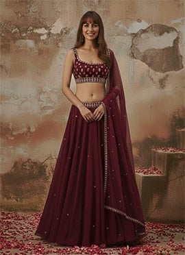 Maroon Faux Georgette Hand Embroidered Sequins Lehenga