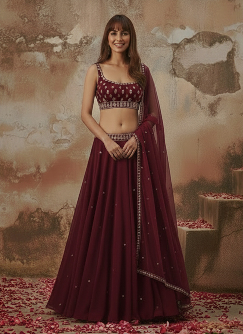 Maroon Faux Georgette Hand Embroidered Sequins Lehenga Wedding Wear
