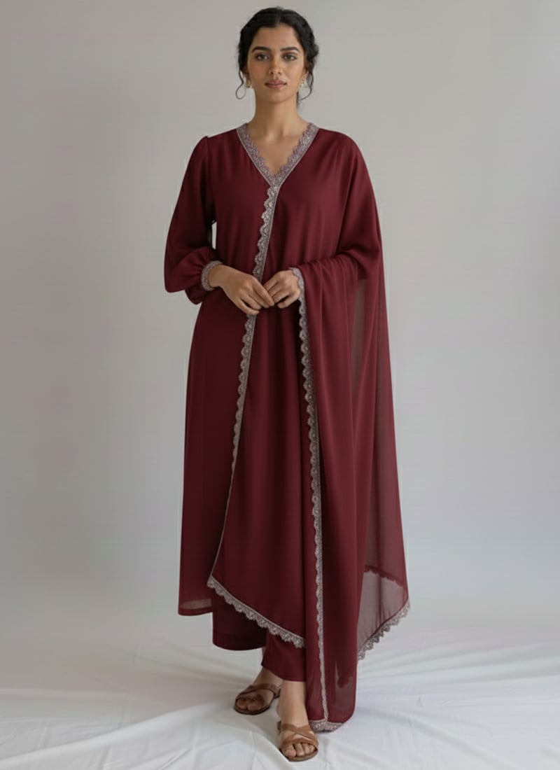 Maroon Faux Georgette Lace Work Straight Pant Suit Festive Wear