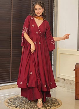 Maroon Faux Georgette Printed And Embroidered Anarkali Suit