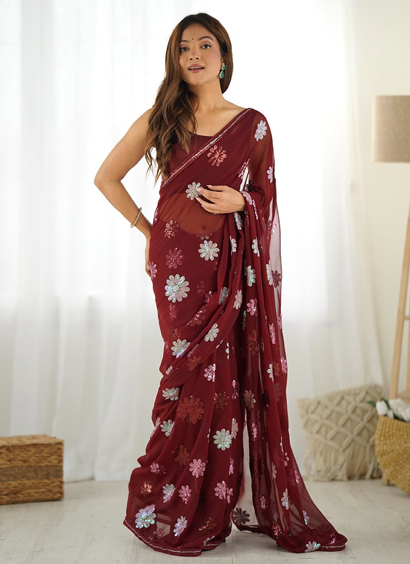 Maroon Faux Georgette Sequins Elegant Saree After Six Wear