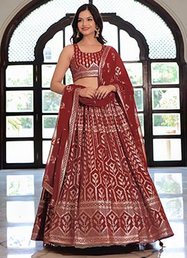 Maroon Faux Georgette Sequins Embroidered Lehenga  Wedding Wear