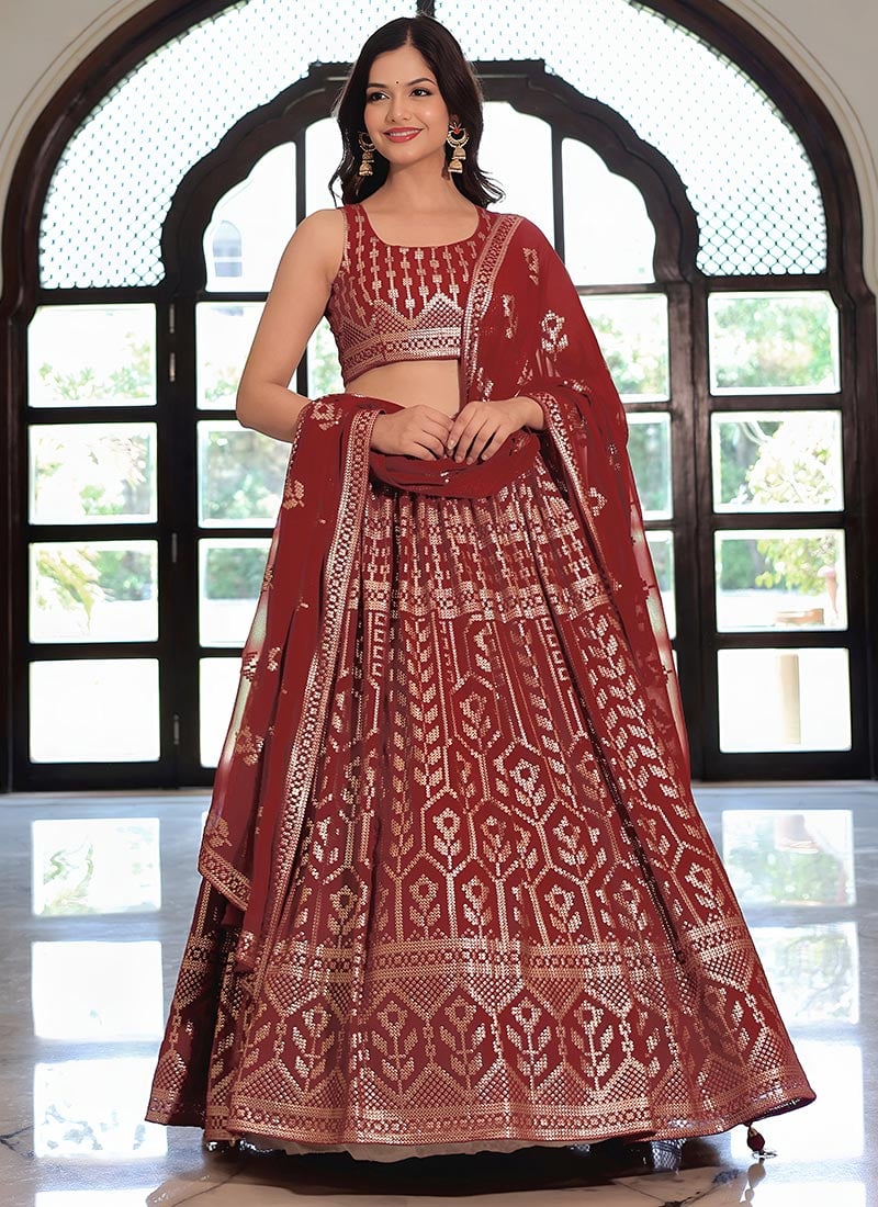 Maroon Faux Georgette Sequins Embroidered Lehenga  Wedding Wear