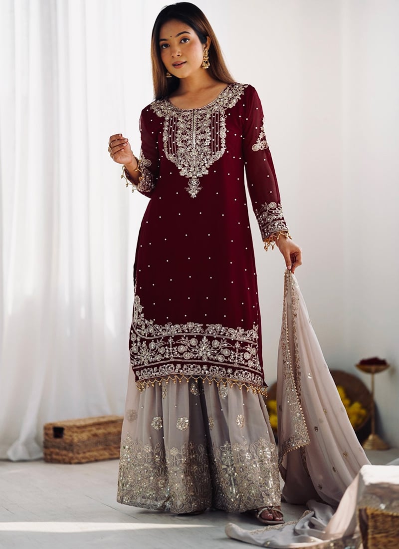 Maroon Faux Georgette Sequins Embroidered Palazzo Suit Festive Wear