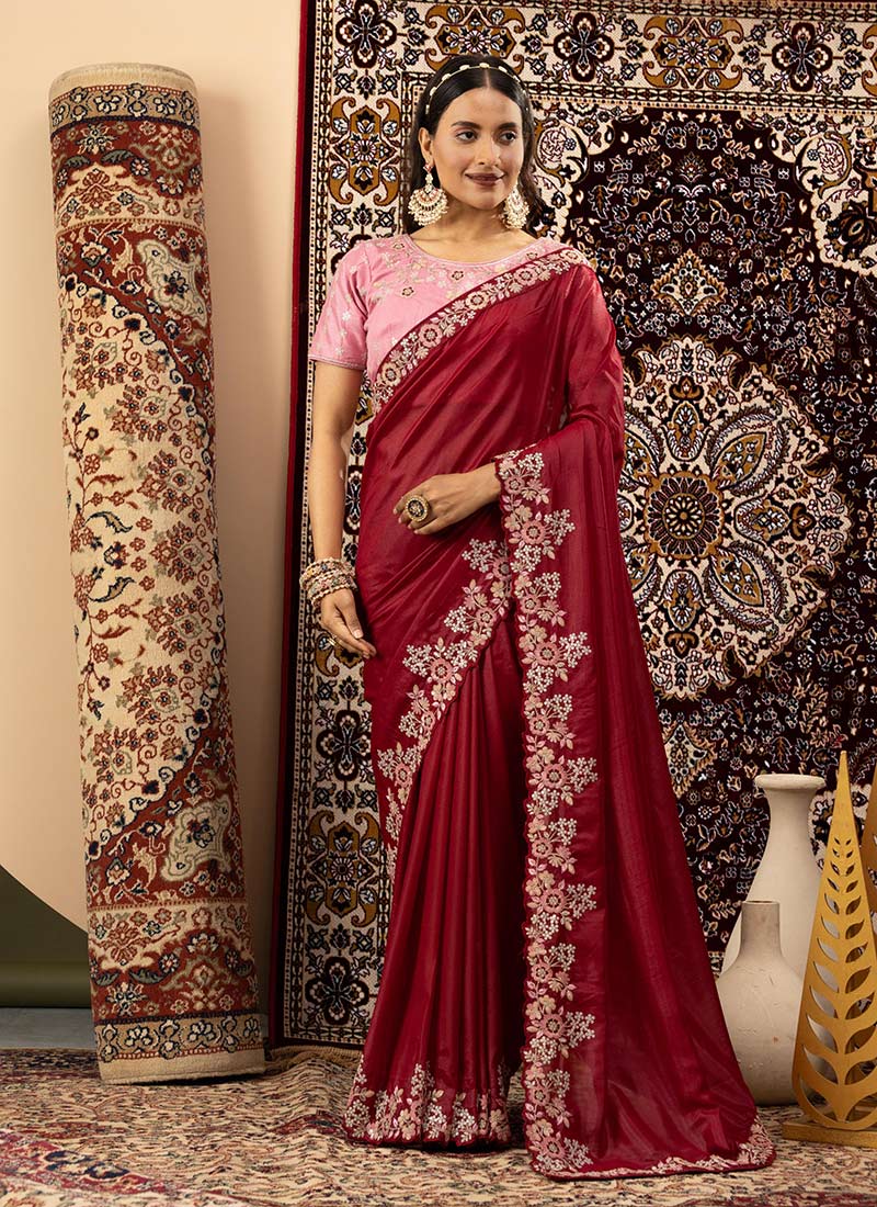 Maroon Faux Georgette Sequins Embroidered Saree Festive Wear
