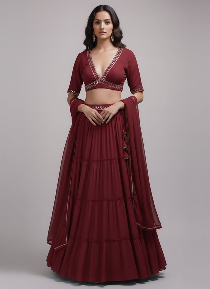 Maroon Faux Georgette Sequins Hand Embroidered Lehenga Wedding Wear