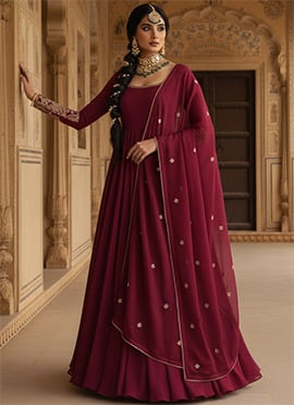 Maroon Faux Georgette Sequins Zari Abaya Style Anarkali Suit