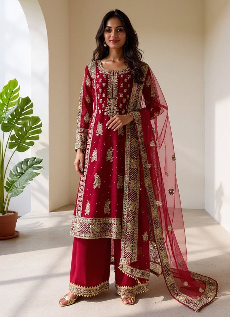 Maroon Faux Georgette Sequins Zari Moti Gota Palazzo Suit Festive Wear