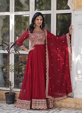 Maroon Faux Georgette Zari Embroidered Sequins Anarkali Suit