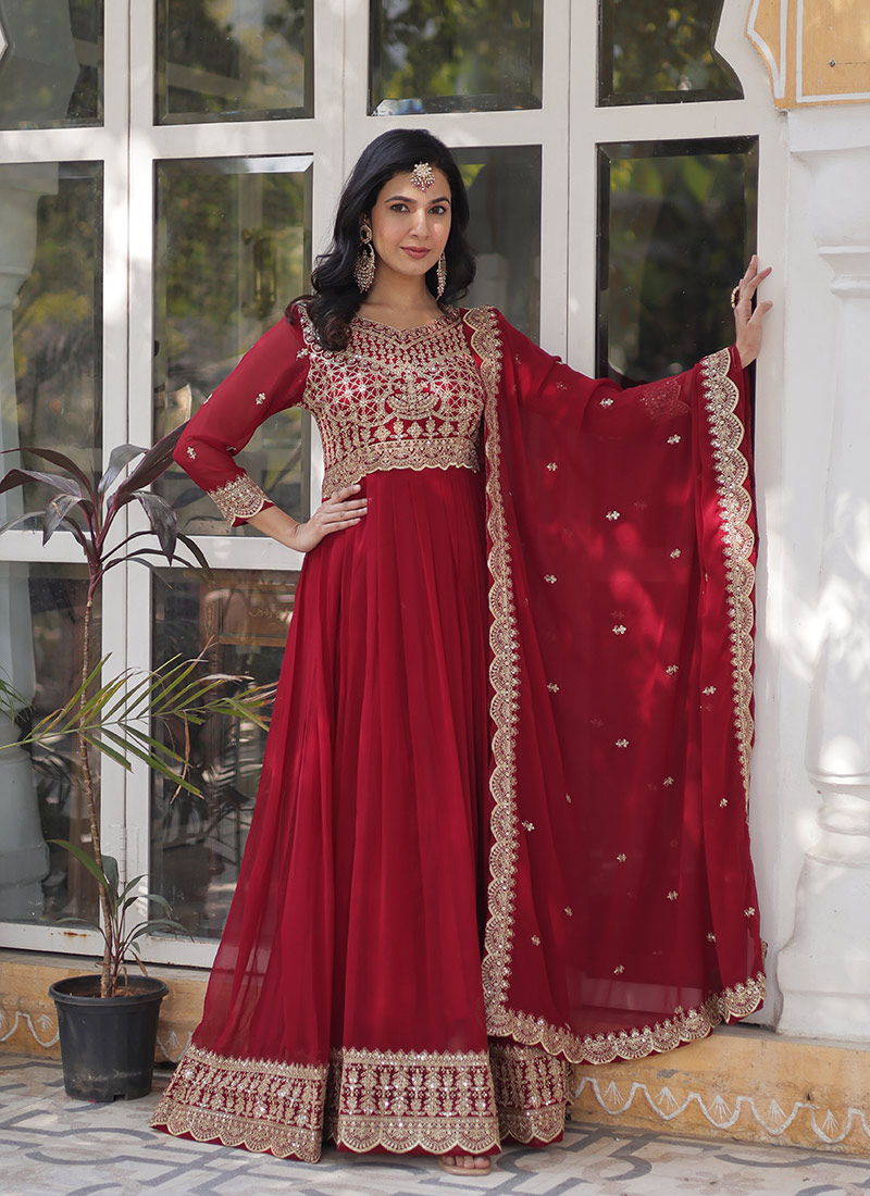 Maroon Faux Georgette Zari Embroidered Sequins Anarkali Suit Festive Wear