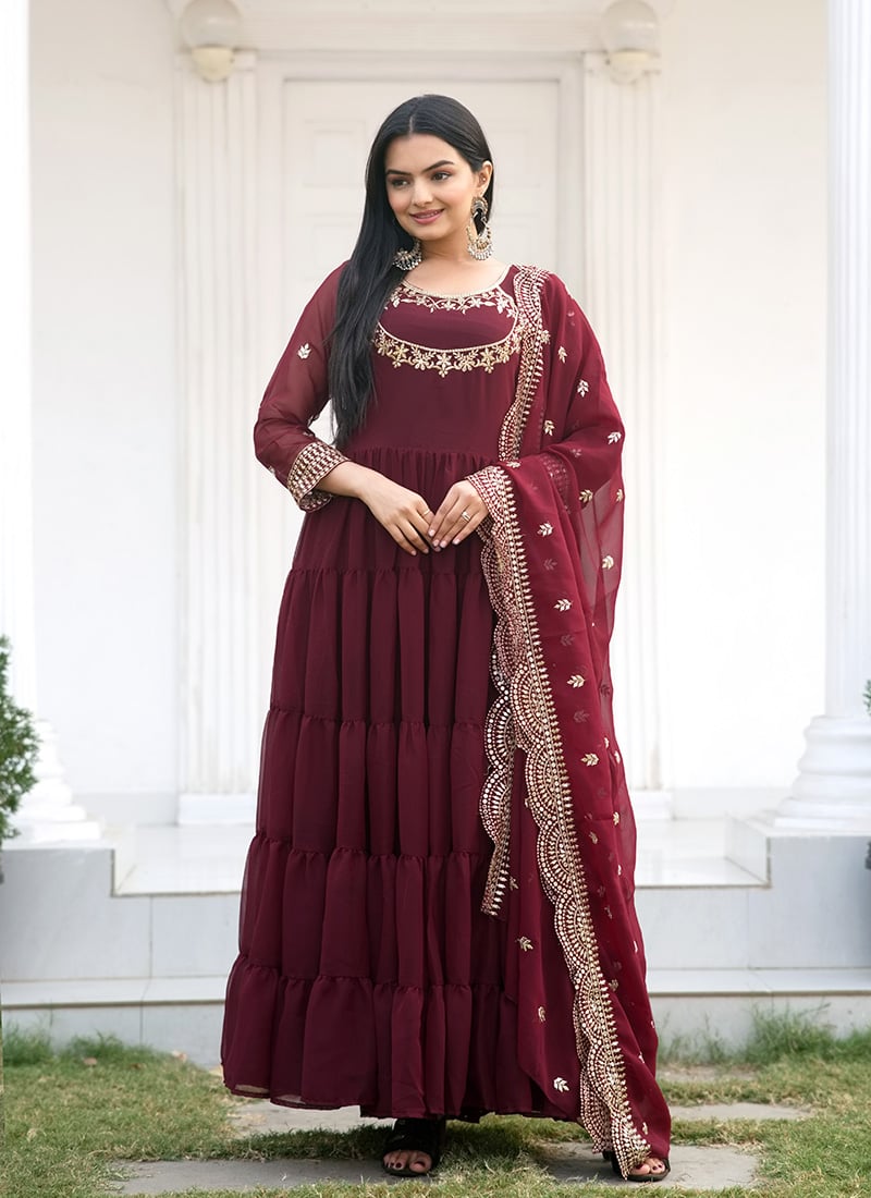 Maroon Faux Georgette Zari Embroidered Sequins Anarkali Suit Festive Wear