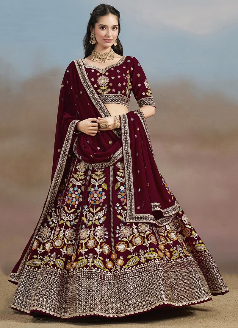 Maroon Faux Georgette Zari Embroidered Sequins Lehenga Wedding Wear