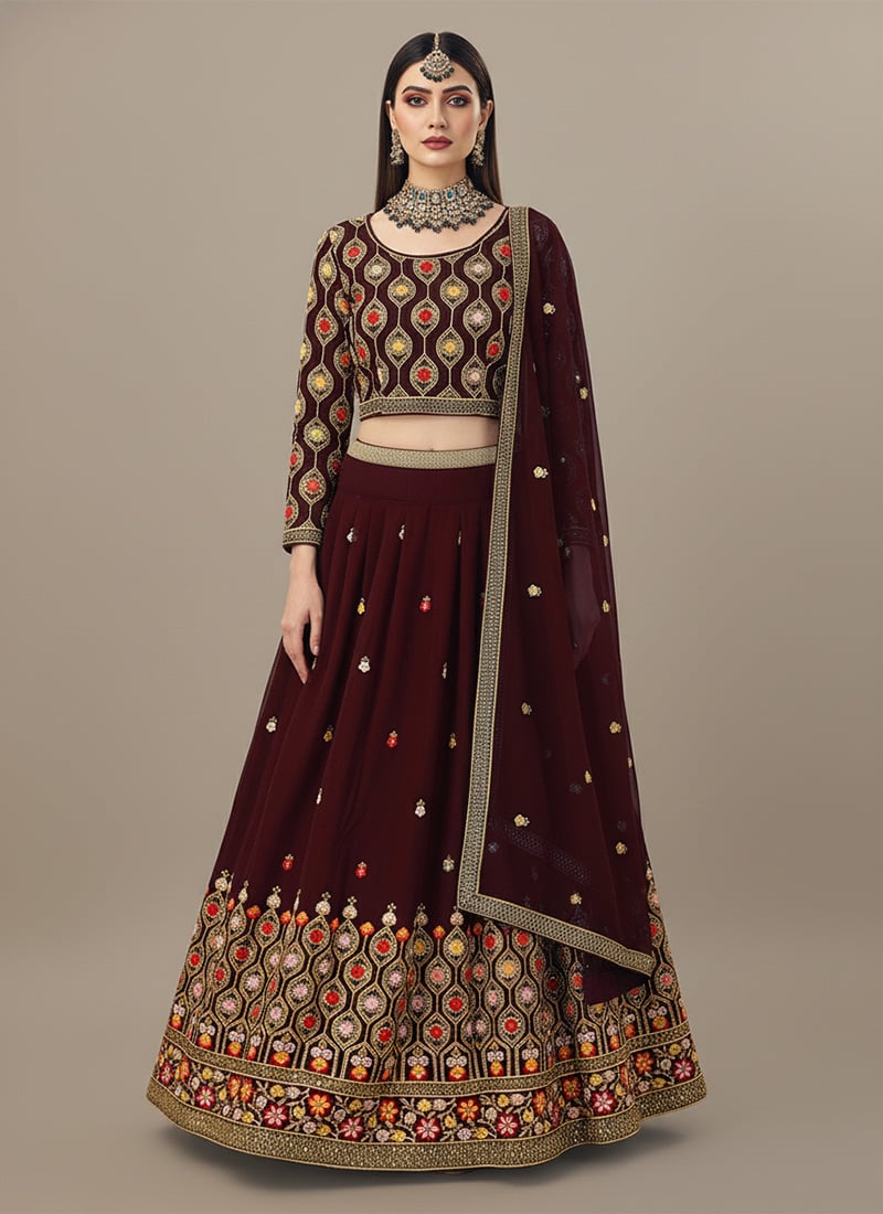 Maroon Faux Georgette Zari Embroidered Sequins Lehenga Festive Wear