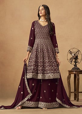 Maroon Faux Georgette Zari Embroidered Sequins Palazzo Suit