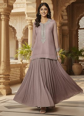 Maroon Faux Georgette Zari Foil Print Long Choli Lehenga Set