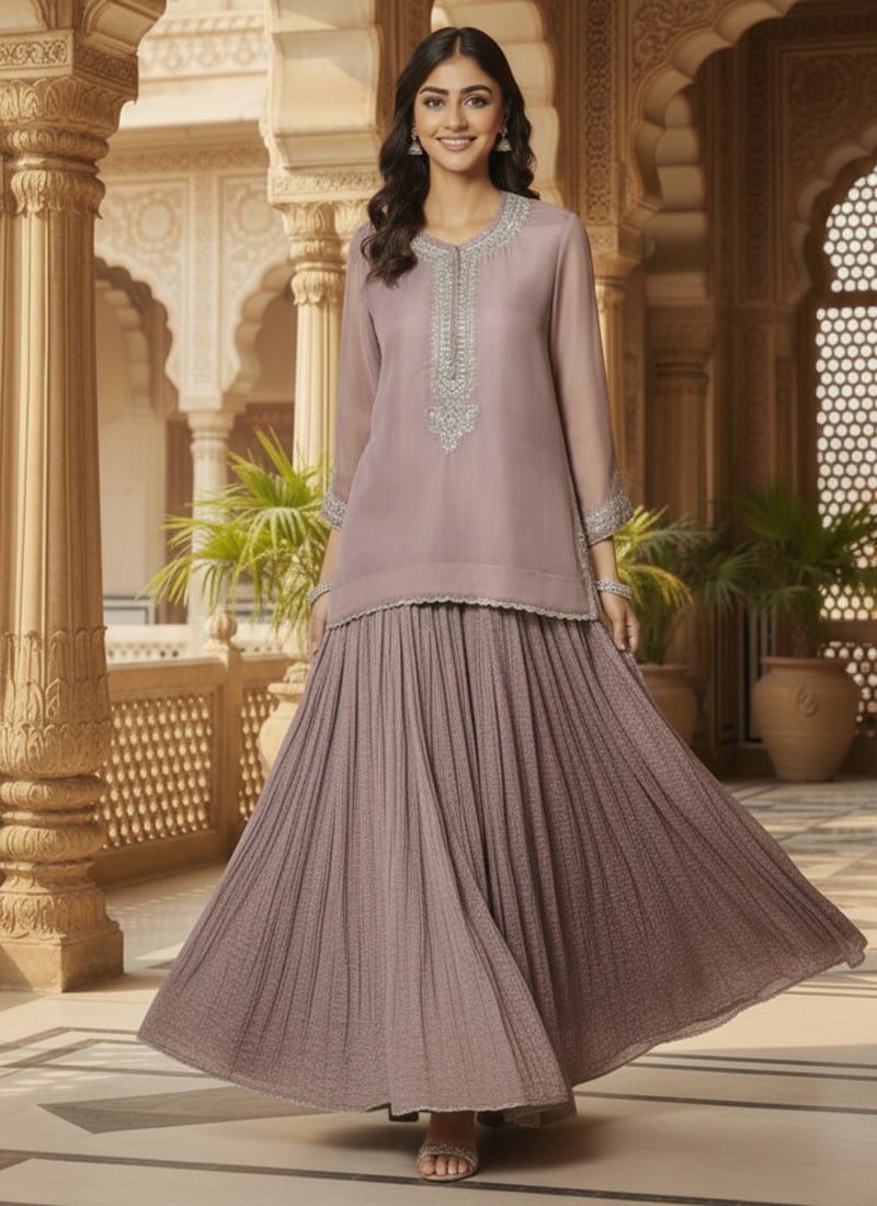 Maroon Faux Georgette Zari Foil Print Long Choli Lehenga Set Festive Wear