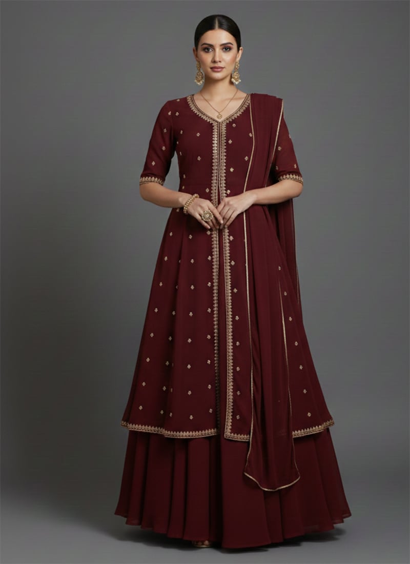 Maroon Faux Georgette Zari Sequins Anarkali Style Lehenga Set Wedding Wear