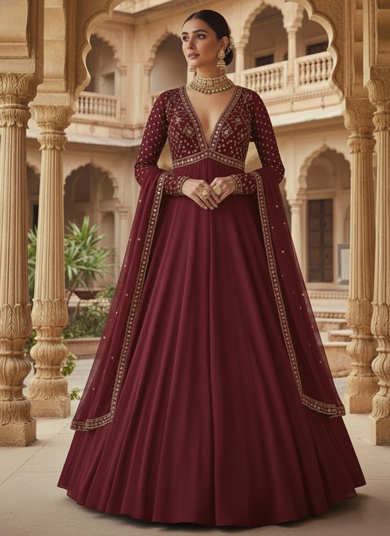 Maroon Faux Georgette Zari Sequins Anarkali Suit  Festive Wear