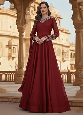 Maroon Faux Georgette Zari Sequins Anarkali Suit