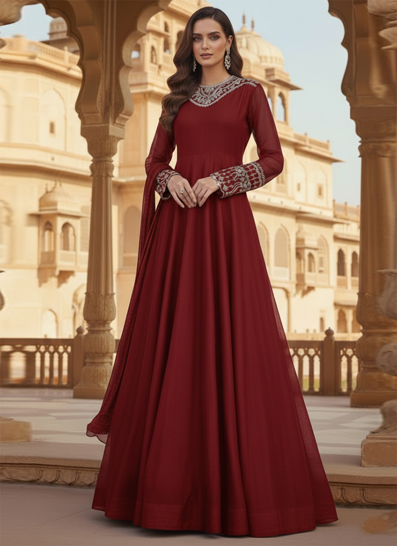 Maroon Faux Georgette Zari Sequins Anarkali Suit Festive Wear